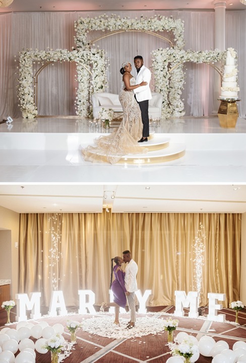 Two-panel image: Top, a beautiful couple on their wedding day, stands on
            a decorated stage with floral arrangements and a large wedding cake
            on the side, dressed in formal attire. Bottom, the couple, on the day of their engagement proposal,
            stands in front of large illuminated letters spelling 'MARRY ME'
            with white balloons and confetti around.